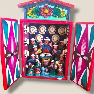 Hand-Painted Peruvian Retablo Shrine in Red and Teal